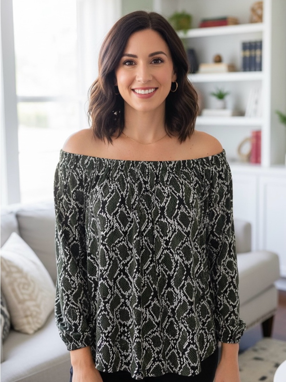 Michael Kors Womenβs Green Black Snake Print Size Large 3/4 Sleeves